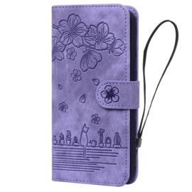 BookCover Hoes Etui voor Samsung Galaxy A55  -  Paars - Bloemen Kat - Reliëf