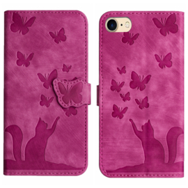 BookCover Etui Hoes voor iPhone SE - iPhone 7 - iPhone 8   -  Roze - Vlinders en Kat - Reliëf