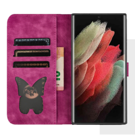 BookCover Etui Hoes voor Samsung Galaxy S25 Ultra  -   Vlinders en Kat - Reliëf  -  Roze