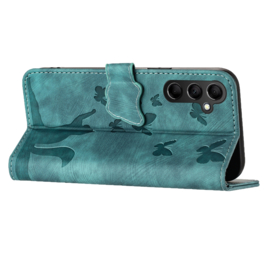BookCover Etui Hoes voor Samsung Galaxy A15  -  Groen   - Vlinders en Kat -  Reliëf