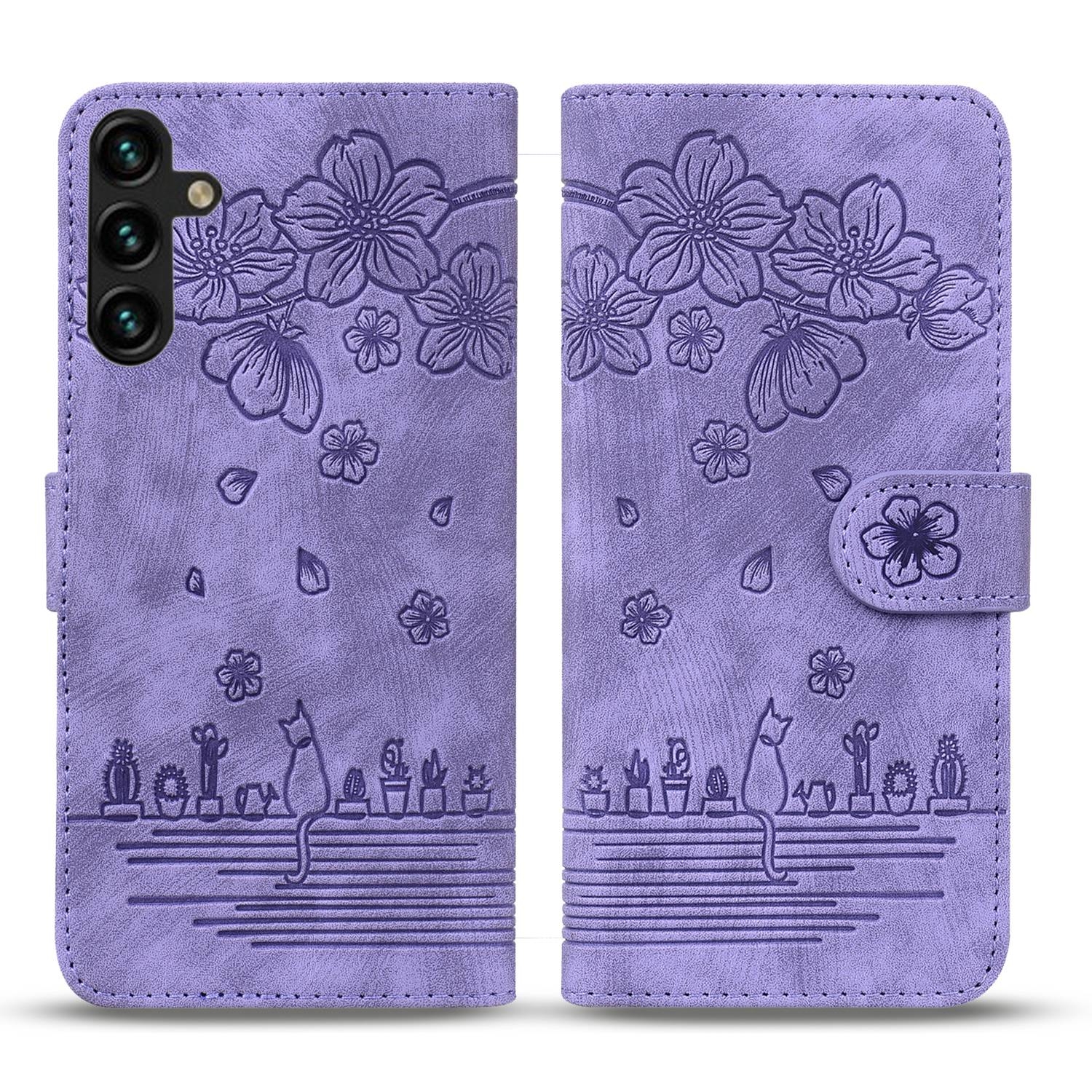 BookCover Hoes Etui voor Samsung Galaxy S24   -  Paars  - Bloemen Kat - Reliëf