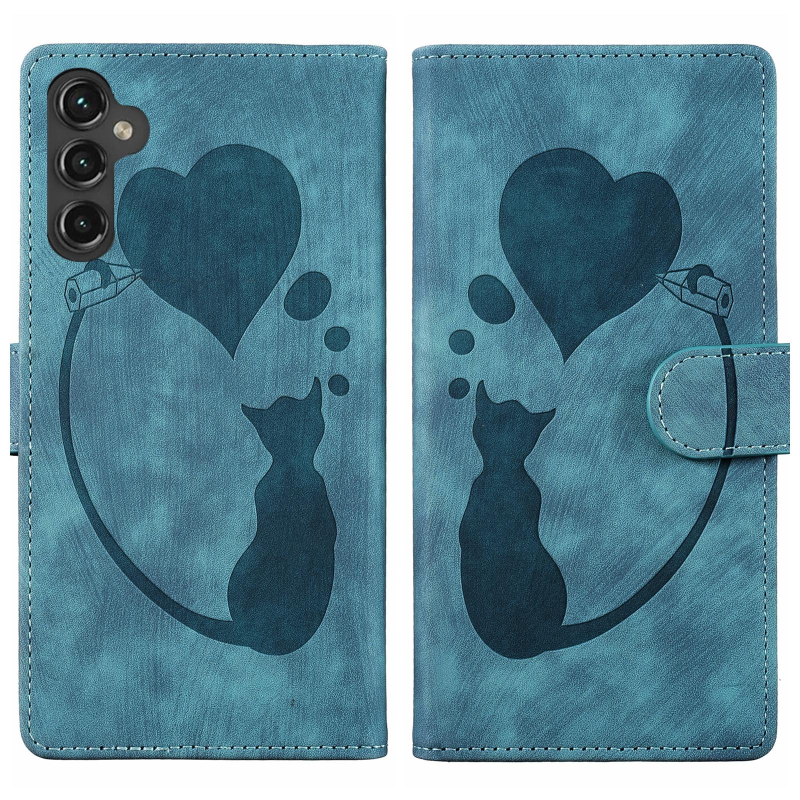 BoekCover Hoes Etui voor Samsung Galaxy A56 - A36  -  Kat en Hart  - Groen-Blauw  - Reliëf