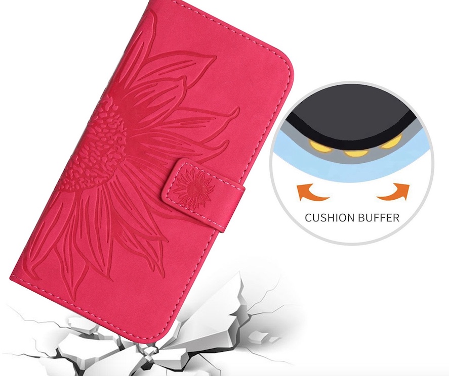 Hoes - Etui - Tas voor Samsung Galaxy A36  -  A56   Met Schouder - Draagkoord -  Roze/Magenta -  Zonnebloem Reliëf