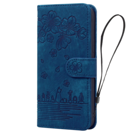 BookCover Hoes Etui voor Samsung Galaxy A16 - A17 -  A18 - A26  Blauw - Bloemen Kat - Reliëf