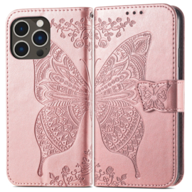 BookCover Hoes Etui voor iPhone 15 PRO MAX     Vlinder    -  Roze