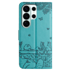 BookCover Hoes Etui voor Samsung Galaxy S26 ULTRA  -  Turquoise  - Katten op Muurtje - Reliëf