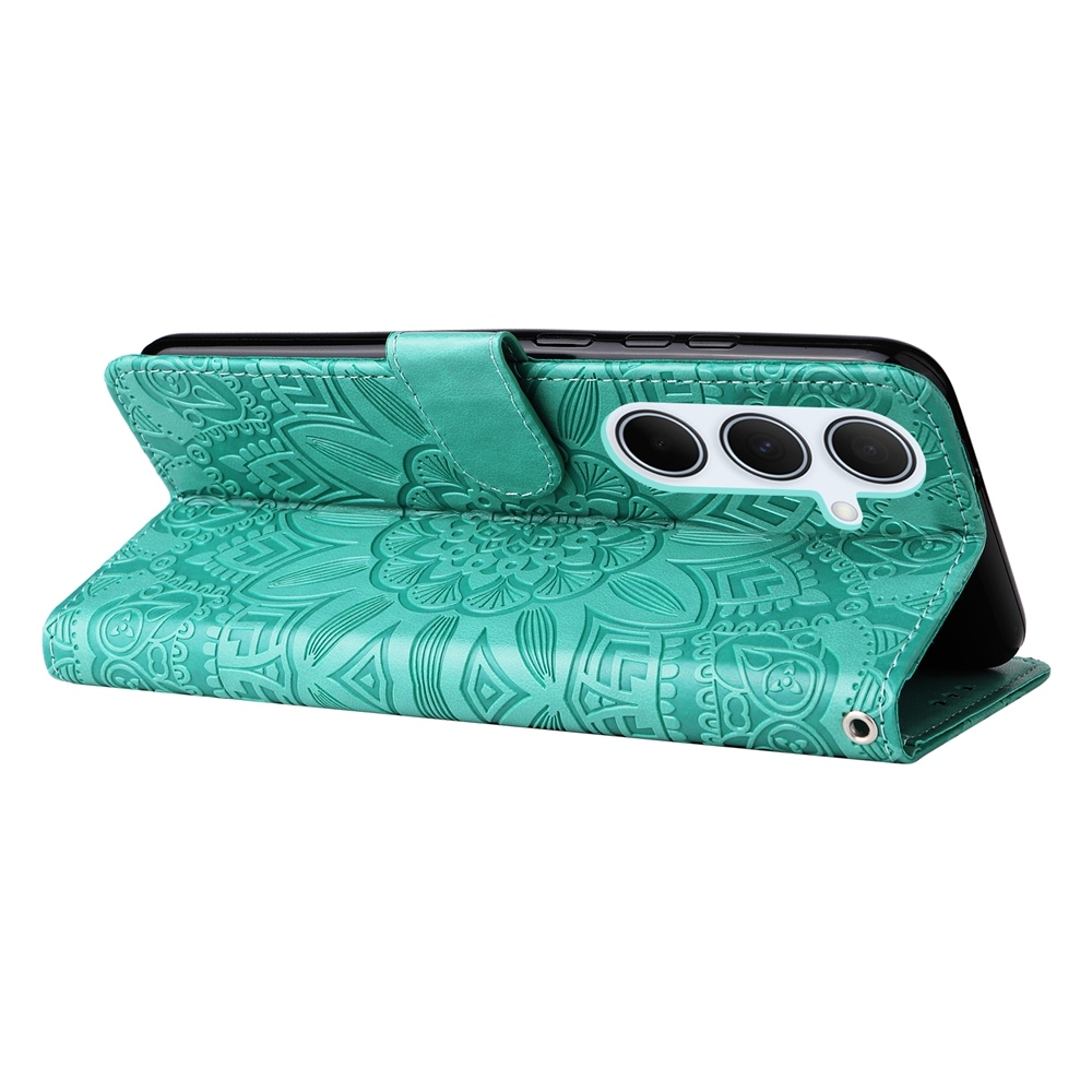 PU BoekCover Hoes Etui voor Samsung Galaxy A36 - A56   Groen   -  Bloem-Motief in Reliëf
