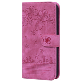 BookCover Hoes Etui voor Apple iPhone 16e  -  Roze - Bloemen Kat - Reliëf