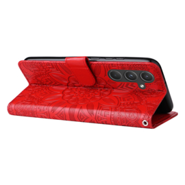 BookCover Hoes Etui voor Samsung Galaxy A55  -  Rood - Bloem-Motief in Reliëf