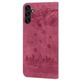 BookCover Hoes Etui voor Samsung Galaxy A16  -  A26  Rood - Bloemen Kat - Reliëf