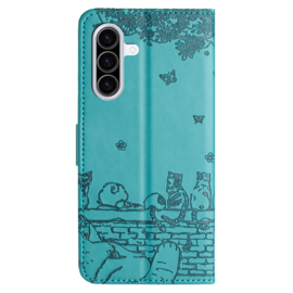 BookCover Hoes Etui voor Samsung Galaxy A56 - A36  -  Turquoise  - Katten op Muurtje - Reliëf