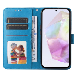 PU BoekCover Hoes Etui voor Samsung Galaxy A36 - A56   Turquoise  -  Bloem-Motief in Reliëf