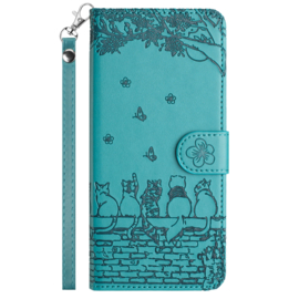 BookCover Hoes Etui voor iPhone 16  -  Turquoise  - Katten op muurtje - Reliëf