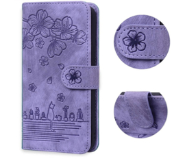 BookCover Hoes Etui voor Samsung Galaxy S24 FE  -  Paars - Bloemen Kat - Reliëf