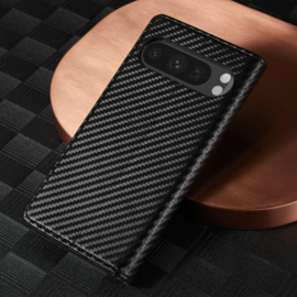 Luxe BookCover Hoes Etui voor Google  Pixel 9  -  9 PRO -   Zwart-Rood-Carbon