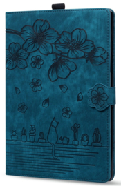 Luxe Bescherm-Etui Hoes Map voor Samsung Galaxy Tab A9 Plus - 11 -    Bloemen en Kat - Blauw