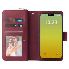Luxe BookCover - 9 Cards - Wallet Etui voor iPhone 15  -  Bordeaux Rood