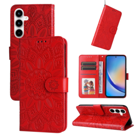 BookCover Hoes Etui voor Samsung Galaxy A35  -  Rood  - Bloem-Motief in Reliëf