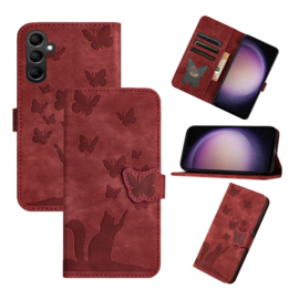 BookCover Etui Hoes voor Samsung Galaxy S24  - S25  -  Rood - Vlinders en Kat - Reliëf