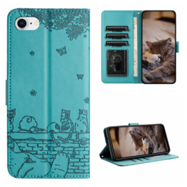 BookCover Hoes Etui voor iPhone SE - iPhone 7 - 8  -  Turquoise  - Katten op muurtje - Reliëf