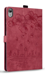 Luxe Bescherm-Etui Hoes Map voor Apple iPad 10 - 11 -  A16 - 10.9 -    Bloemen en Kat -  Rood