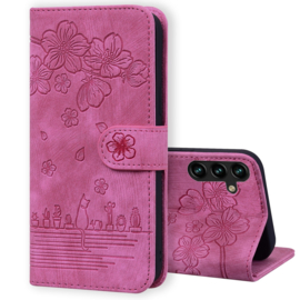 BookCover Hoes Etui voor Samsung Galaxy S24 FE  -  Paars - Bloemen Kat - Reliëf