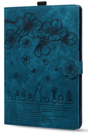 Luxe Bescherm-Etui Hoes Map voor Apple iPad 10 - 11 -  A16 - 10.9 -    Bloemen en Kat -  Blauw