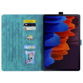 Luxe Bescherm-Etui Hoes Map voor Samsung Galaxy Tab S9 FE - S10 FE - 10.9 -    Bloemen en Kat -  Groen