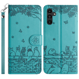 BookCover Hoes Etui voor Samsung Galaxy S24 FE  -  Turquoise  - Katten op muurtje - Reliëf