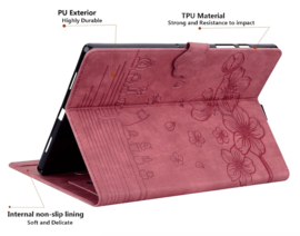 Luxe Bescherm-Etui Hoes Map voor Samsung Galaxy Tab A9 Plus - 11 -    Bloemen en Kat -  Rood
