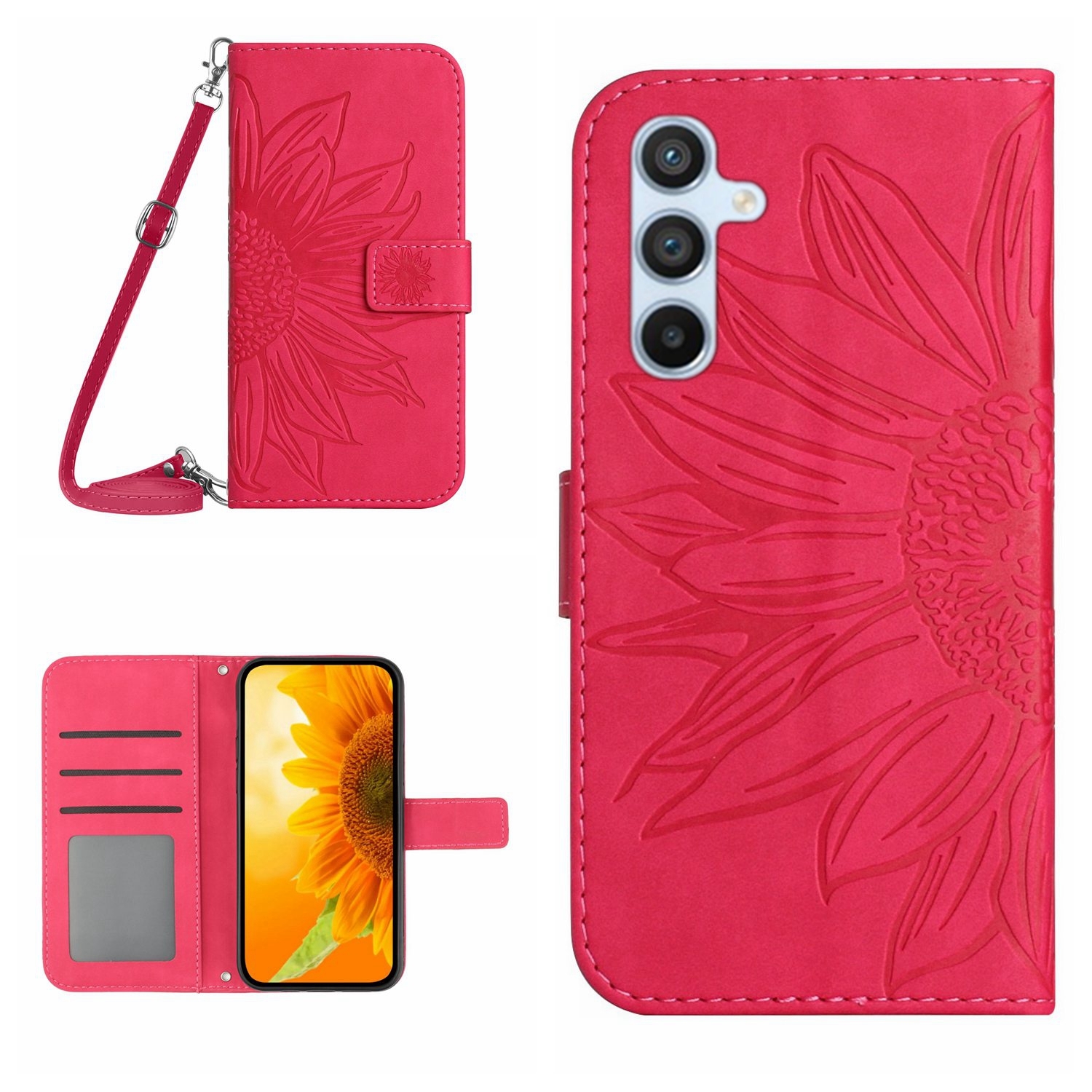 Hoes - Etui - Tas voor Samsung Galaxy A36  -  A56   Met Schouder - Draagkoord -  Roze/Magenta -  Zonnebloem Reliëf