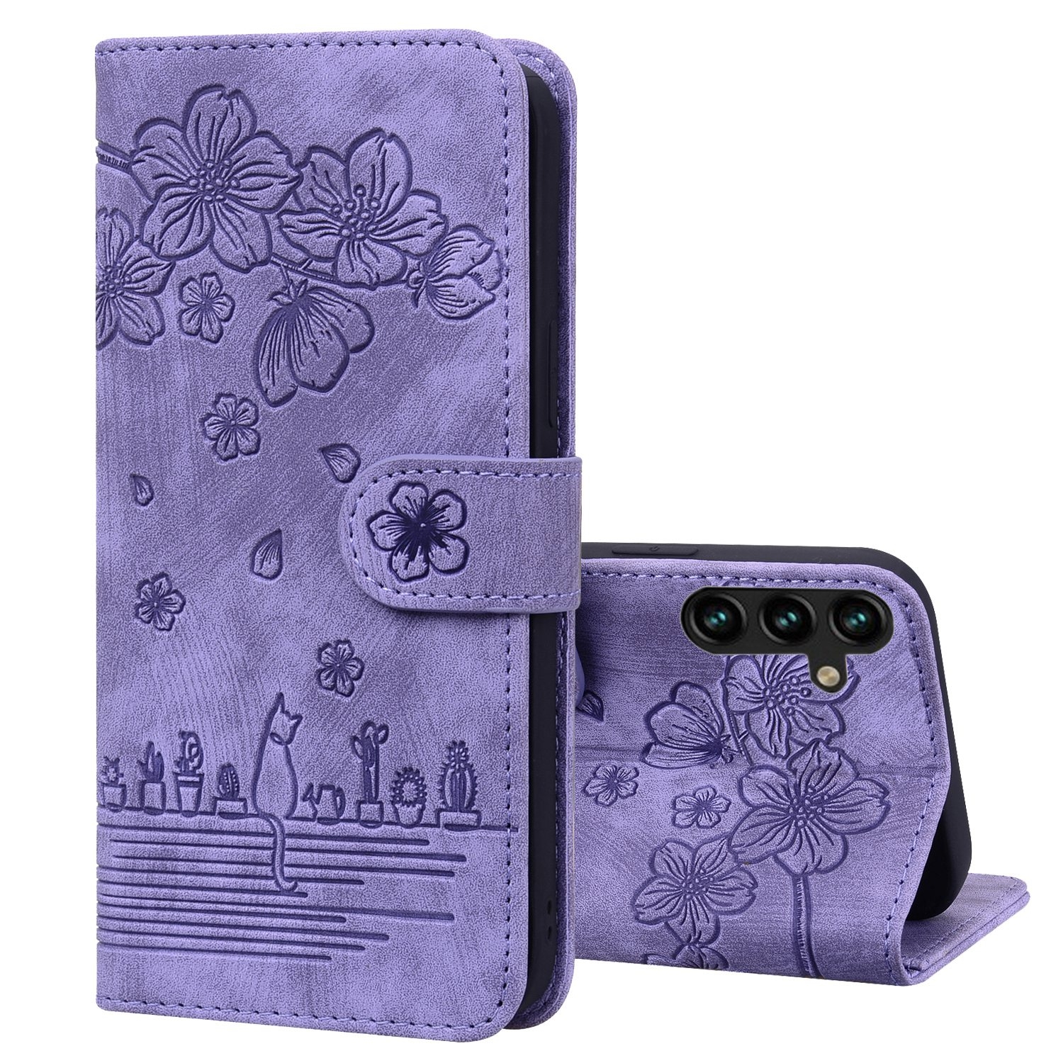 BookCover Hoes Etui voor Samsung Galaxy S24   -  Paars  - Bloemen Kat - Reliëf