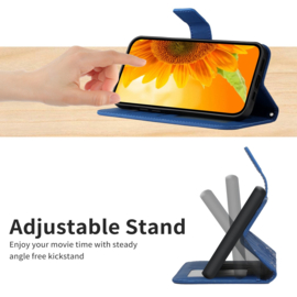 Hoes - Etui - Tas voor Samsung Galaxy S24  -  S25   Met Schouder - Draagkoord -  Blauw  -  Zonnebloem Reliëf