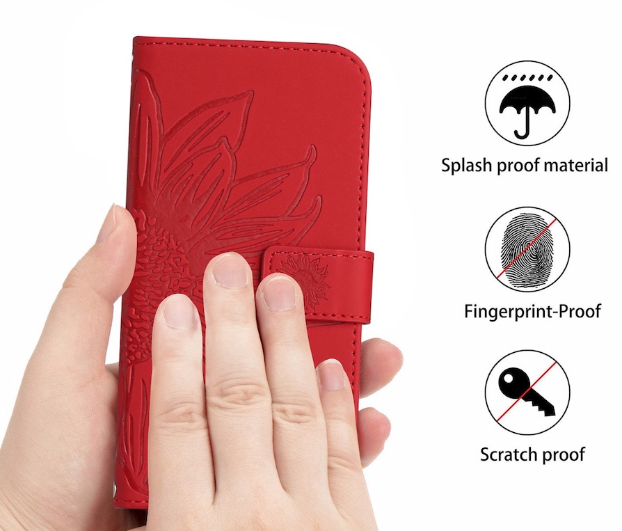 Hoes - Etui - Tas voor Samsung Galaxy A36  -  A56   Met Schouder - Draagkoord -  Rood -  Zonnebloem Reliëf