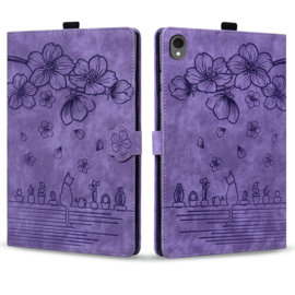 Luxe Bescherm-Etui Hoes Map voor Samsung Galaxy Tab S11  - 11" -    Bloemen en Kat - Paars