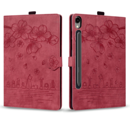 Luxe Bescherm-Etui Hoes Map voor Samsung Galaxy Tab S9 FE  -  S10 FE - 10.9 -    Bloemen en Kat -  Rood