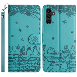 BookCover Hoes Etui voor Samsung Galaxy A16  -  A26  Turquoise  - Katten op muurtje - Reliëf