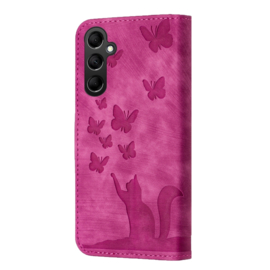 BookCover Etui Hoes voor Samsung Galaxy A35  -  Roze - Vlinders en Kat - Rellief