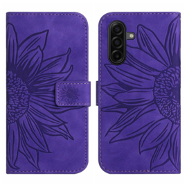 Hoes - Etui - Tas voor Samsung Galaxy A37 - A36  -  A56   Met Schouder - Draagkoord -  Blauw -  Zonnebloem Reliëf