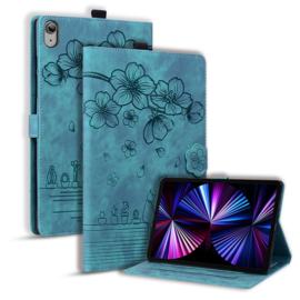 Luxe Bescherm-Etui Hoes Map voor Apple iPad 10 - 11 -  A16 - 10.9 -    Bloemen en Kat -  Groen