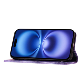 BookCover Hoes Etui voor Apple iPhone 17  -  Vlinders en Kat  -  Paars   - Reliëf