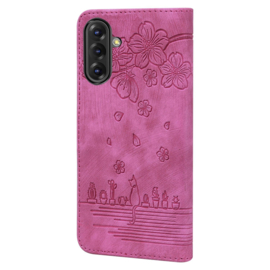 BookCover Hoes Etui voor Samsung Galaxy A36 - A56  -  Roze - Bloemen Kat - Reliëf