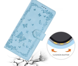 BoekCover Hoes Etui voor Samsung Galaxy A37 - A36 - A56 -  Lichtblauw  -  Vlinders -  Reliëf