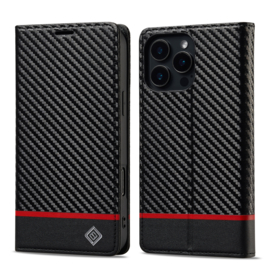 Luxe BookCover Hoes Etui voor iPhone 16 PRO  -  Zwart-Rood-Carbon - V2
