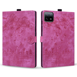 Luxe Bescherm-Etui Hoes Map voor Xiaomi Pad 7 - Pad 7 PRO - Pad 8 - Pad 8 Pro -     Bloemen en Kat -  Roze