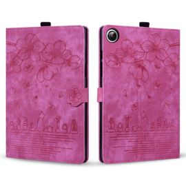 Luxe Bescherm-Etui Hoes Map voor Samsung Galaxy Tab A9 Plus - 11 -    Bloemen en Kat -  Roze