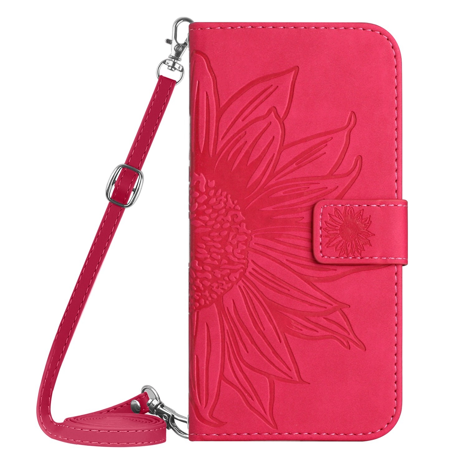 Hoes - Etui - Tas voor Samsung Galaxy A36  -  A56   Met Schouder - Draagkoord -  Roze/Magenta -  Zonnebloem Reliëf