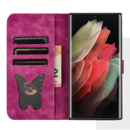 BookCover Hoes Etui voor Samsung Galaxy S26 ULTRA -  Vlinders en Kat  - Roze  - Reliëf