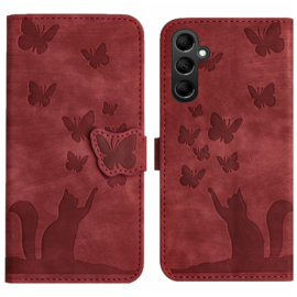 BookCover Hoes Etui voor Samsung Galaxy A56 - A36  -  Vlinders en Kat  - Rood  - Reliëf