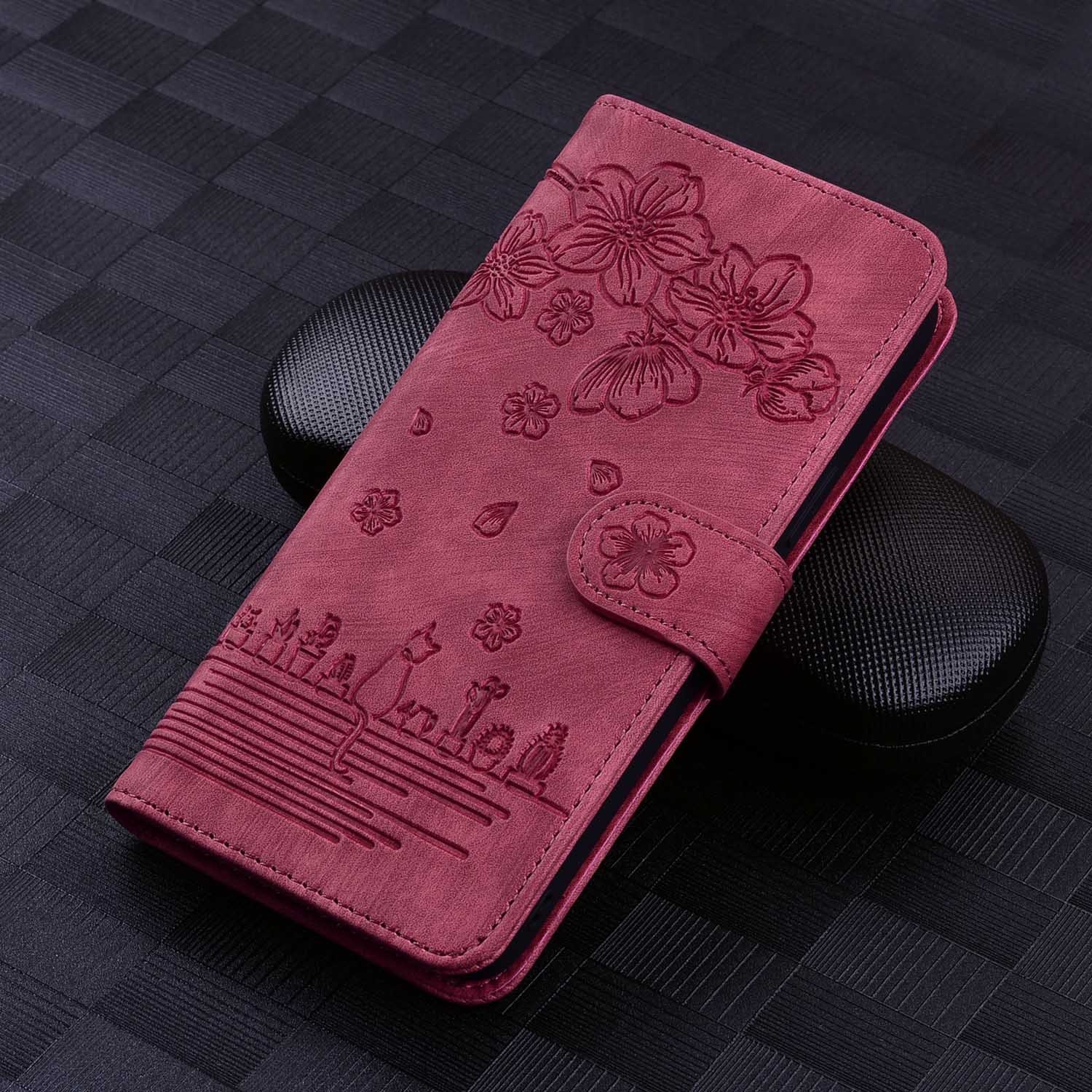 BookCover Hoes Etui voor Samsung Galaxy S24 FE  -  Rood  - Bloemen Kat - Reliëf